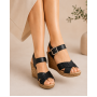 sandale dama negre din piele naturala cu platforma wedge si catarama clp14n
